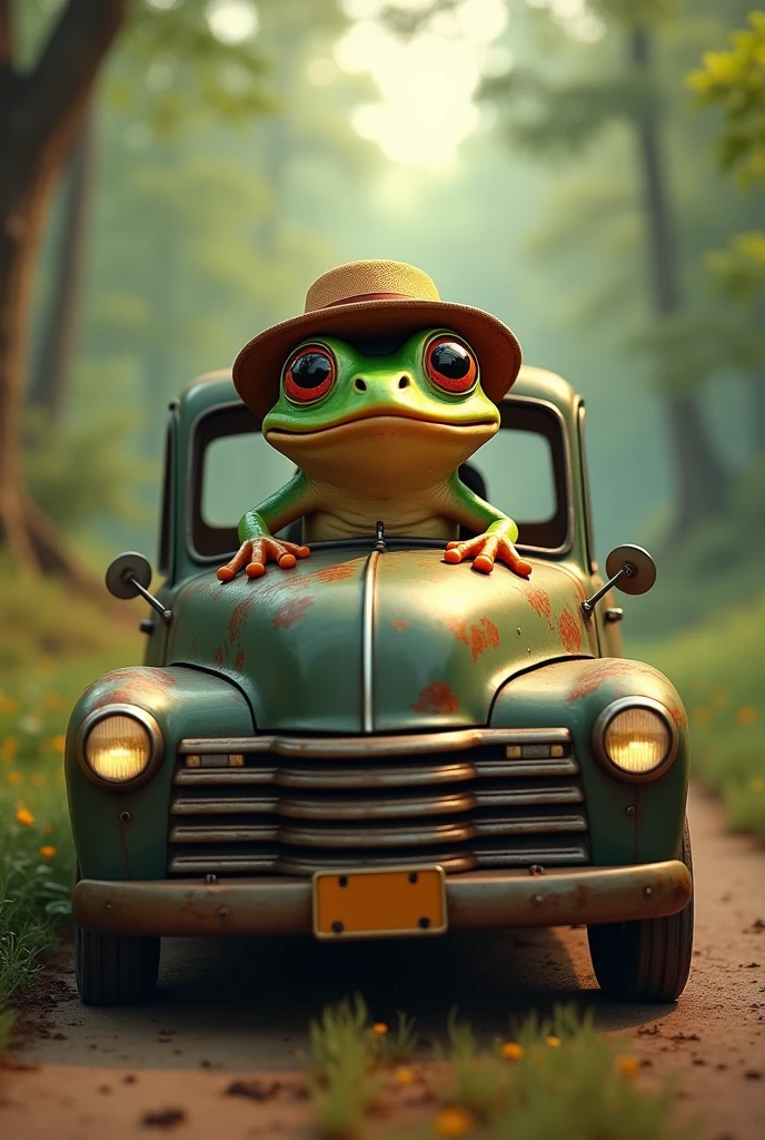 Retro Images，Storytelling，Tree frog，Ultra-realistic，high resolution，A frog is driving a truck，Wearing a hat

