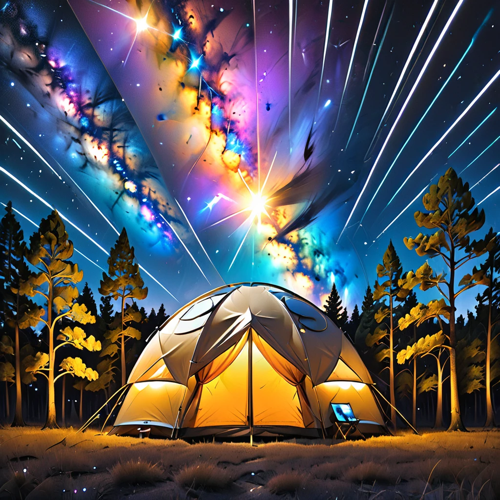 Glamping、symbol、Three-dimensional、Shine、Shine、gold、The background is a large galaxy