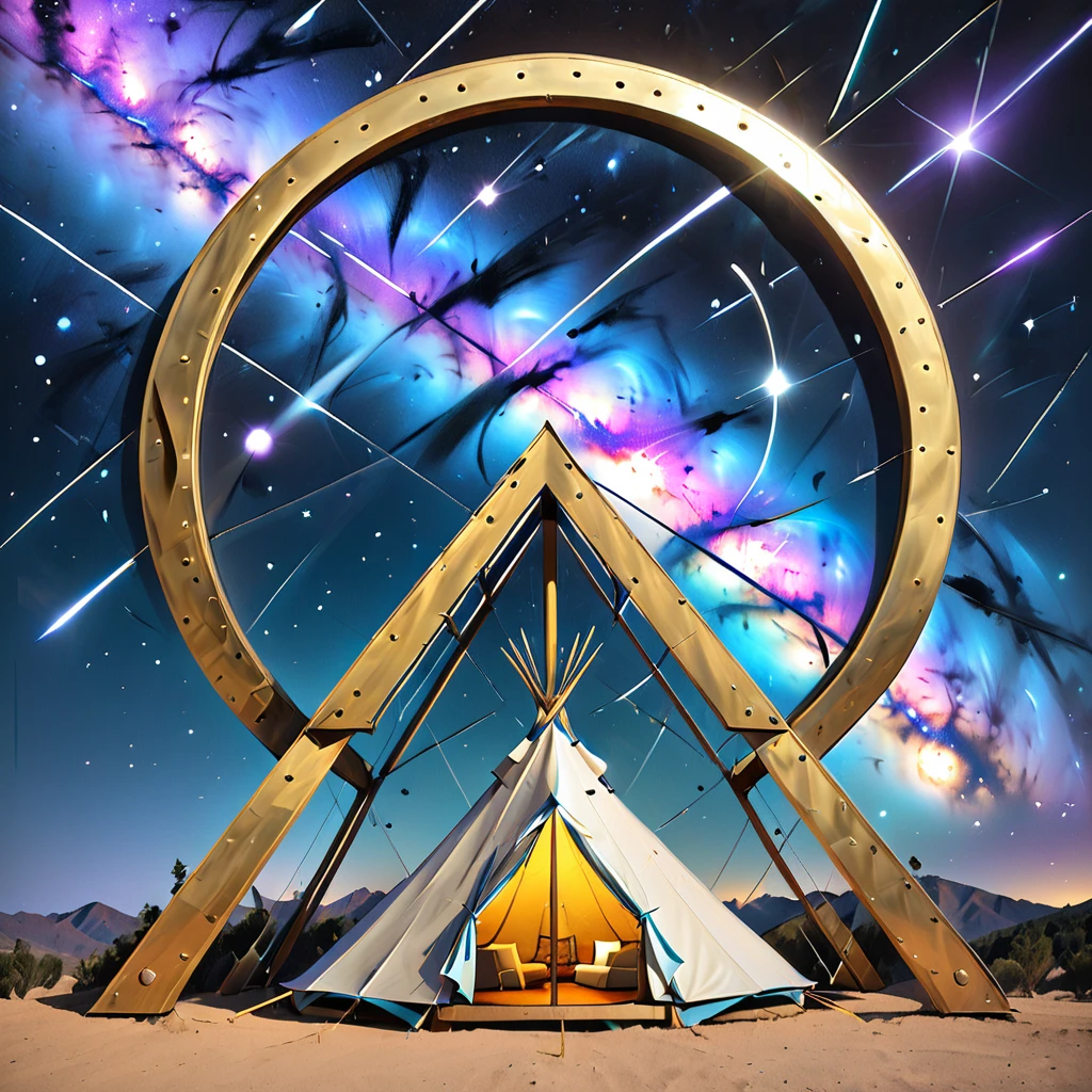 Glamping、symbol、Three-dimensional、Shine、Shine、gold、The background is a large galaxy