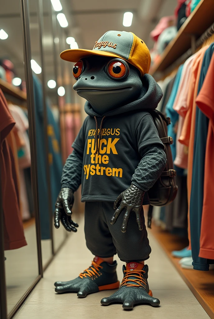 Visualize a humanoid black frog in a clothing store, trying on a cap that says "Froggus", a tshirt "Fuck The System" and unique sneakers, while looking at your reflection in a mirror, with a satisfied smile.