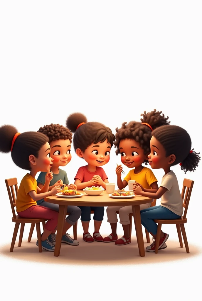 children from , of different races, Having breakfast, on white background.