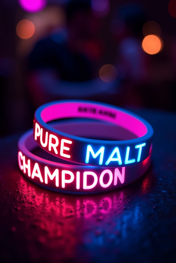 Neon party bracelet with the words PURE MALT CHAMPION.