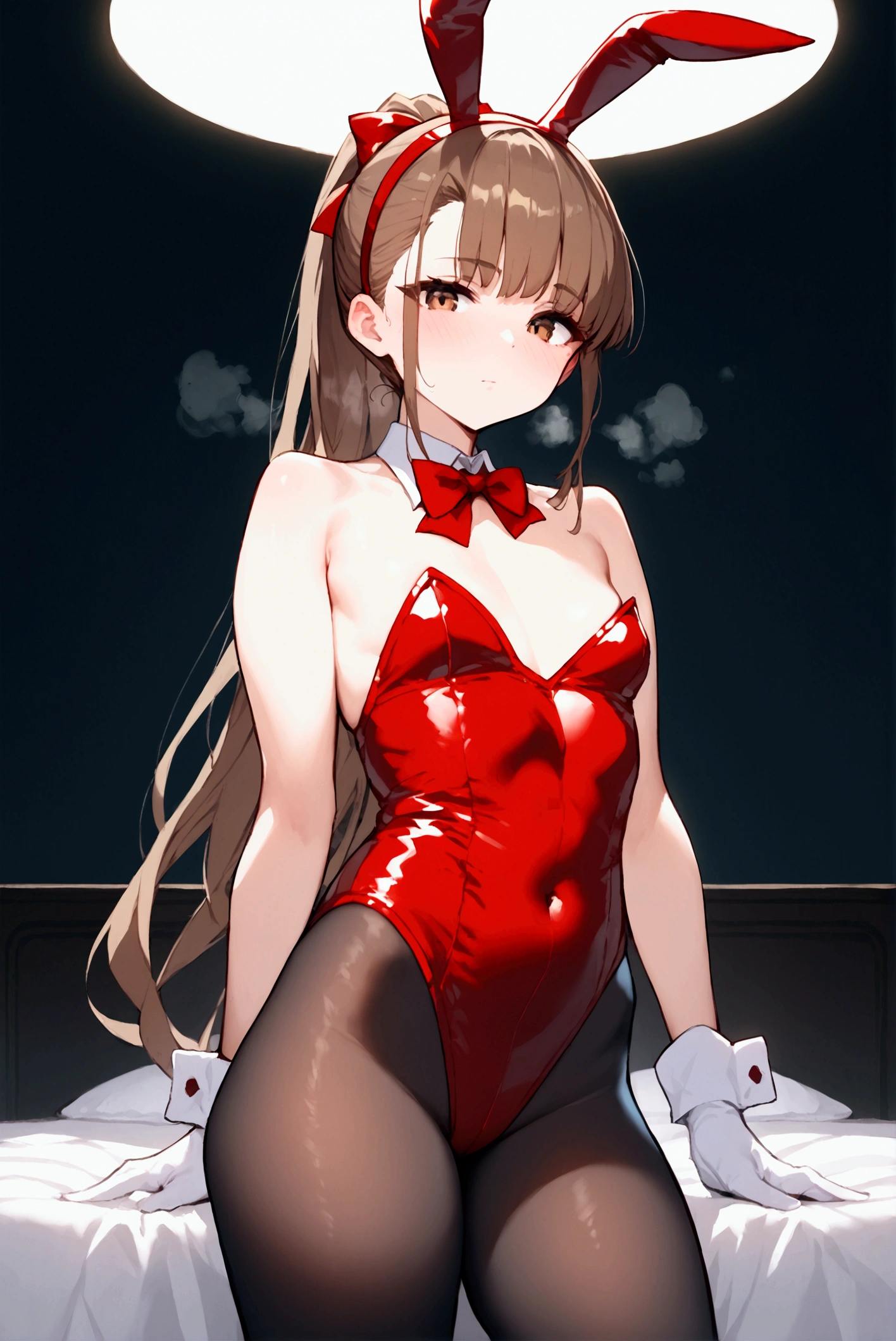 score_9, score_8_up, score_7_up, rating_safe, masterpiece, best quality, very aesthetic, absurdres, 1girl, solo, brown hair, long hair, ponytail, bangs, brown eyes, blush, closed mouth, faint lips, red bunnysuit, red hairband, fake animal ears, red bow, white gloves, black pantyhose, small breasts, athletes, thighs, skindentation, tan, breath, steaming body, greaming skin, looking at viewer, indoors, standing, black background, faint light