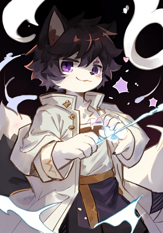 White male cat，boy，cute，Q version，Purple Eyes，Big furry tail，White fur，Magic，Magician Dress Up