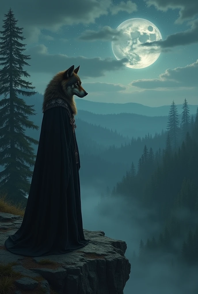 Dark brown furred wolf woman, wearing a black witch's robe with a hood. She is on the edge of a cliff looking at the landscape in front of her of a beautiful forest and a starry sky.