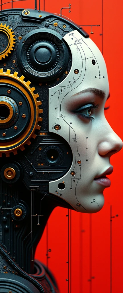 A futuristic cyborg's face fills the frame, split by a metallic-organic dichotomy. Metallic half: gears whirring, wires snaking, mechanical parts clicking. Organic half: black ink tattoos swirl, symbols blend seamlessly into metal. Eyes: cybernetic gold glow on one side, piercing natural intensity on the other. Red-black abstract background complements the face. High contrast emphasizes intricate details: circuitry patterns, shapes, and gears merge in a technological-human fusion.