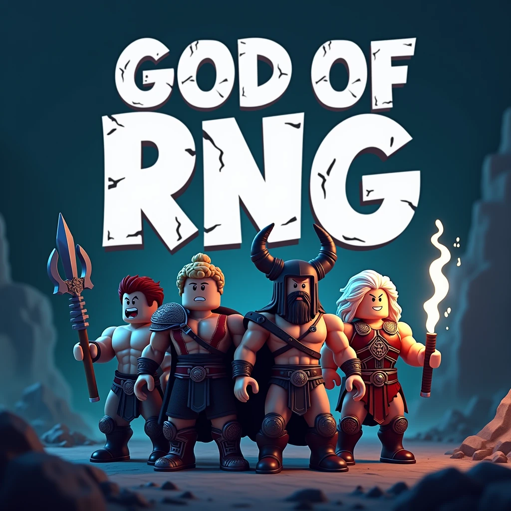 Kratos posidon ares and zesu as roblox characters at night (add text saying Gods of RNG in the background)
