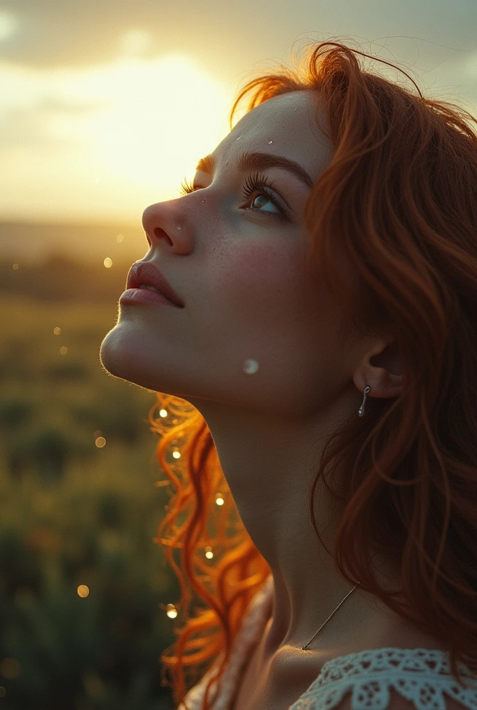 Redhead girl, age 25, close rosto, profile view. She has her face turned towards the sky, eyes locked. Rain falling on your face. Ao fundo ,O Sol.Provence. haze. 超detailded.  Provence. Foggy . High grain film. retro photography, David Hamilton Style. Analog photography. grainy. nymph.