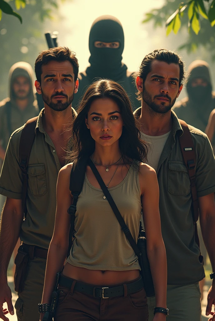 Determined to save a man called Tim( lily's partner) Lily (the archeologist) and Carlos (the local guide) teams up with Dante (the mercenaries' captain, a strang and bad man). The others mercenaries are seen behind them, with masks. A bigger scenario.