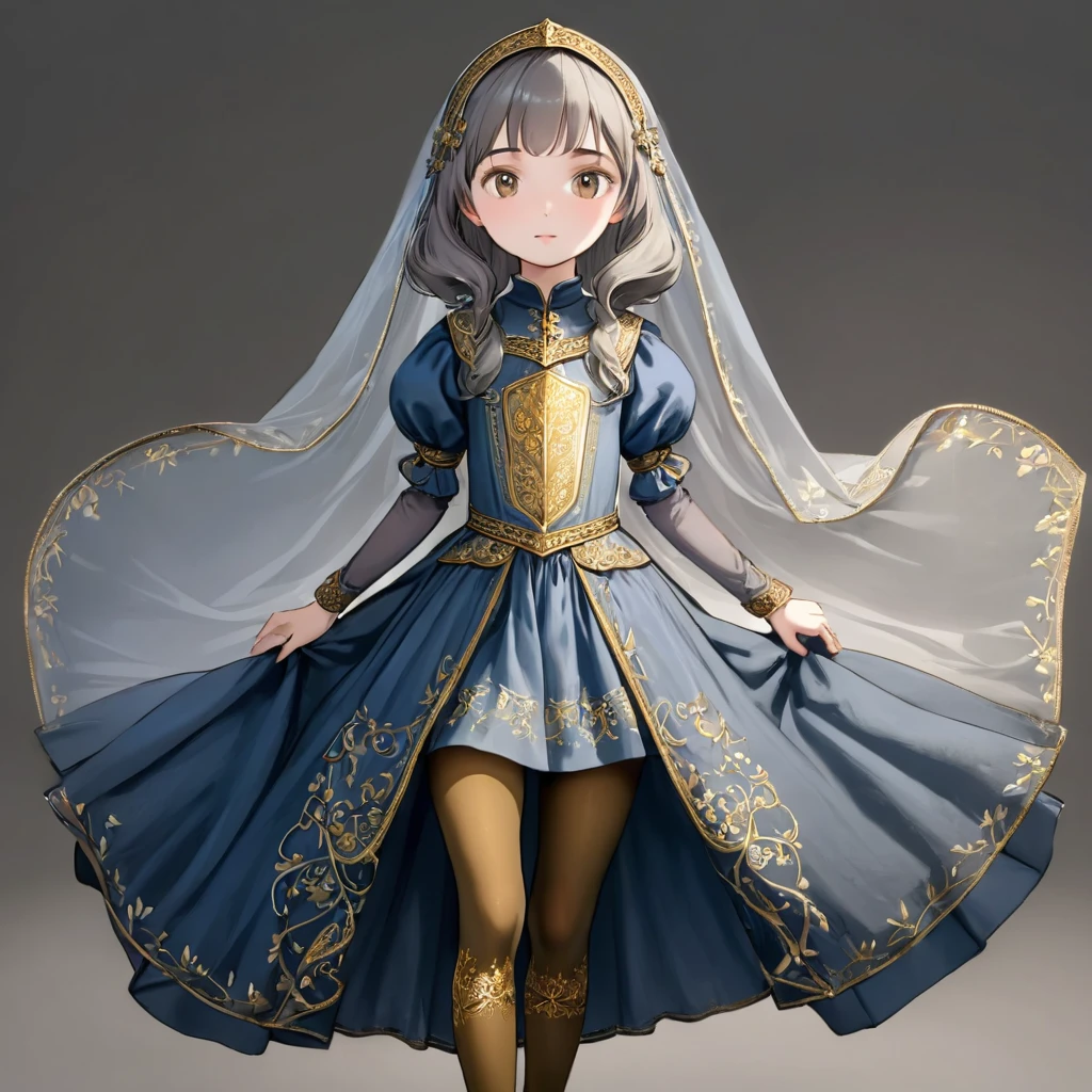 8 year old medieval girl, Medieval gold embroidery、Long dress with semi-transparent pannier, Grey translucent tights, Realistic Fabric, Highest quality、Crotch close-up