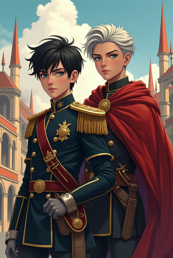 The 4K ultra-detailed illustration vividly portrays young military leaders, Tiberius Claudius Nero and Gaius Octavius Drusus. Nero, with his raven-black hair and eyes that pierce like a hawk, radiates an authority that transcends his youthful age. His modern, streamlined uniform, less ornate than those of his superiors, subtly underscores his burgeoning status within the military ranks. Adjacent to him stands the robust Drusus, his silver hair and emerald-green eyes brimming with unbridled ambition. His physique, reminiscent of a seasoned soldier, is encased in a sleek uniform that perfectly mirrors his vibrant energy. The uniform, tastefully adorned with symbols that signify his rank and early achievements, is a testament to his high standing within the Terra Dominium. The backdrop is a seamless amalgamation of an academy and a training facility, reflecting the rigorous discipline and commitment to military excellence that characterizes their environment. The illustration resonates with their potential, ambition, early successes, and burgeoning leadership skills, portraying a detailed glimpse into the early stages of their illustrious military careers.
