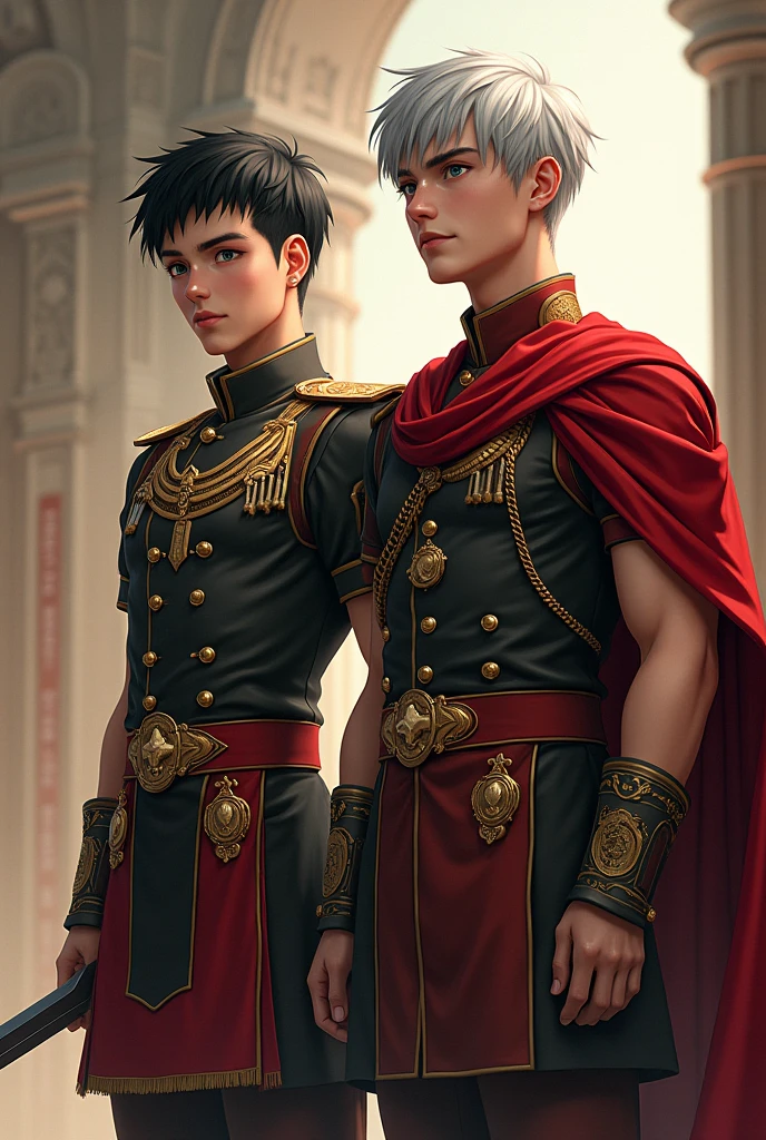 The 4K ultra-detailed illustration vividly portrays young military leaders, Tiberius Claudius Nero and Gaius Octavius Drusus. Nero, with his raven-black hair and eyes that pierce like a hawk, radiates an authority that transcends his youthful age. His modern, streamlined uniform, less ornate than those of his superiors, subtly underscores his burgeoning status within the military ranks. Adjacent to him stands the robust Drusus, his silver hair and emerald-green eyes brimming with unbridled ambition. His physique, reminiscent of a seasoned soldier, is encased in a sleek uniform that perfectly mirrors his vibrant energy. The uniform, tastefully adorned with symbols that signify his rank and early achievements, is a testament to his high standing within the Terra Dominium. The backdrop is a seamless amalgamation of an academy and a training facility, reflecting the rigorous discipline and commitment to military excellence that characterizes their environment. The illustration resonates with their potential, ambition, early successes, and burgeoning leadership skills, portraying a detailed glimpse into the early stages of their illustrious military careers.