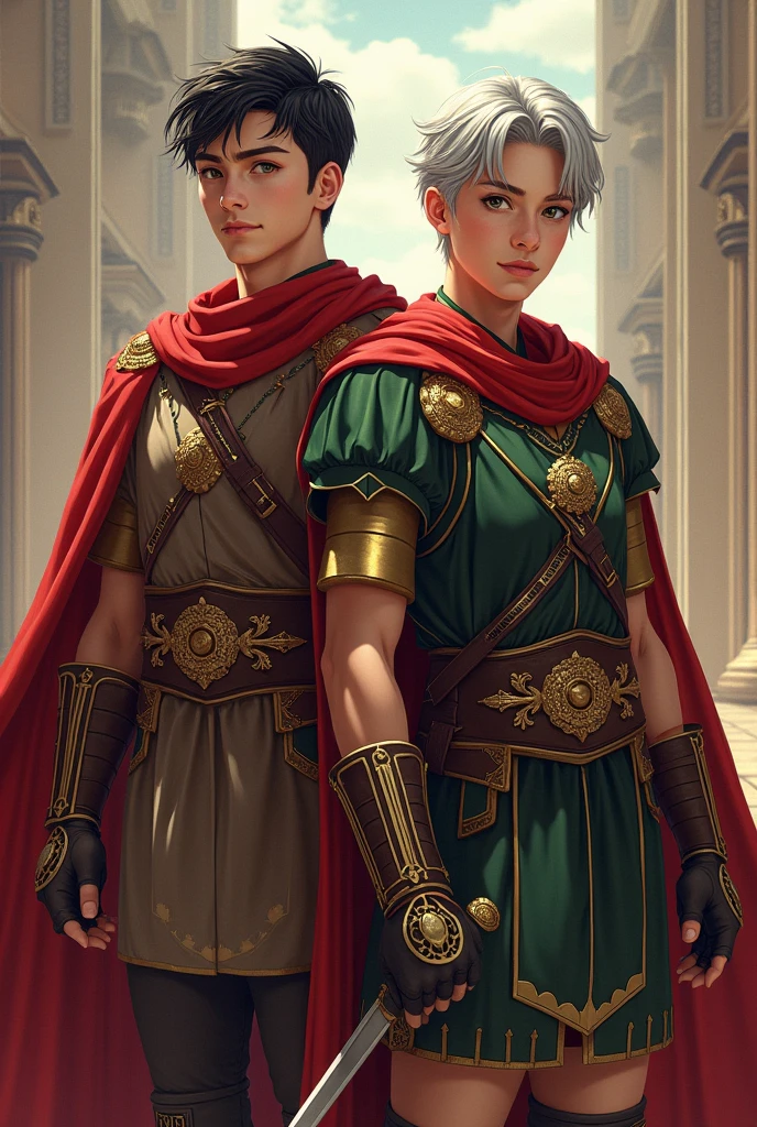 The 4K ultra-detailed illustration vividly portrays young military leaders, Tiberius Claudius Nero and Gaius Octavius Drusus. Nero, with his raven-black hair and eyes that pierce like a hawk, radiates an authority that transcends his youthful age. His modern, streamlined uniform, less ornate than those of his superiors, subtly underscores his burgeoning status within the military ranks. Adjacent to him stands the robust Drusus, his silver hair and emerald-green eyes brimming with unbridled ambition. His physique, reminiscent of a seasoned soldier, is encased in a sleek uniform that perfectly mirrors his vibrant energy. The uniform, tastefully adorned with symbols that signify his rank and early achievements, is a testament to his high standing within the Terra Dominium. The backdrop is a seamless amalgamation of an academy and a training facility, reflecting the rigorous discipline and commitment to military excellence that characterizes their environment. The illustration resonates with their potential, ambition, early successes, and burgeoning leadership skills, portraying a detailed glimpse into the early stages of their illustrious military careers.