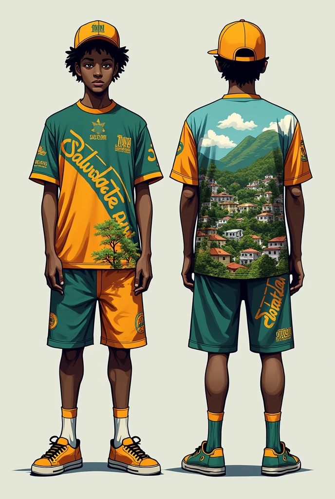 's uniform (cap, shirt and shorts) for a Skate project named "SalvaSkate".
The uniform may have references to favelas and the colors of a well-forested city park