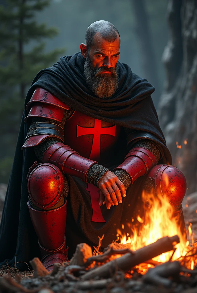 Create the image of a warrior wearing armor, he has a Knights Templar cross on his chest., in the color maple red , he wears a hood and a medieval helmet, his eyes glow scarlet red, he wears a black cape and his clothes are also black, but they are torn and old, let's create epic and inspiring art, Baroque style, Giving fire in hyperrealism. Let's have him sitting in front of a campfire thinking