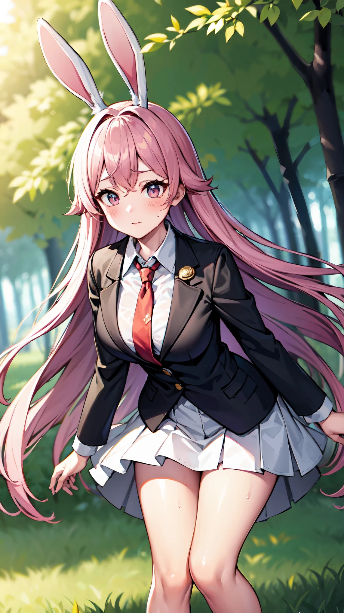 （（super high quality,Ultra-high resolution,16K,super masterpiece,Ultra HD,Ultra high definition,））One high school girl,White bunny ears,Very long straight purple hair,Slender body,Black blazer,All buttons are unbuttoned,White dress shirt,Long red tie,Pink mini skirt,White socks,blush,Looks at me so shyly,（Leaning forward greatly,Hands tucked between the crotches,）Sweaty,Bamboo forest in the morning sun,A strong wind is blowing,The wind messes up my hair and skirt,