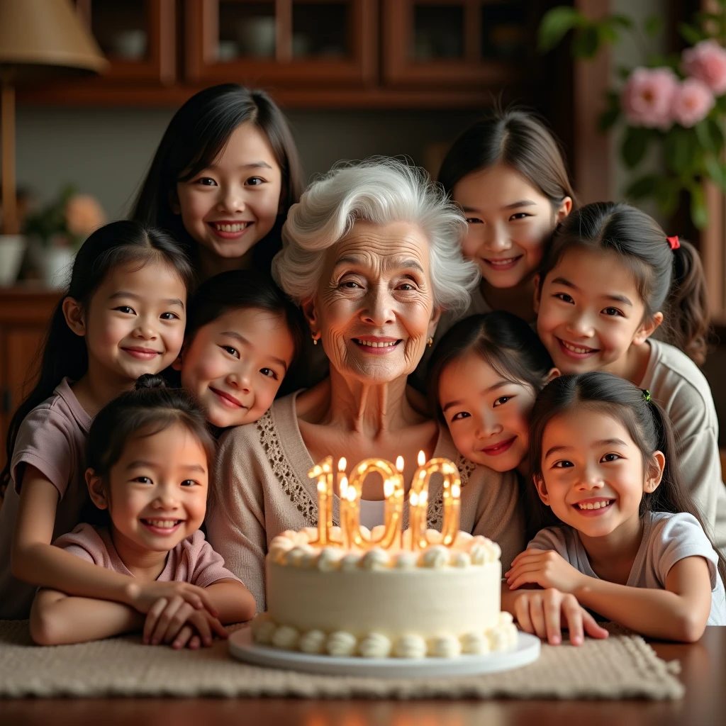 a 100 year old grandmother, 10 grandchildren, birthday party, detailed portrait, photorealistic, warm lighting, cozy interior, detailed faces, affectionate expressions, smiling, elegant dress, beautiful intricate decorations, birthday cake, warm colors, soft textures, nostalgia, family bonds, (best quality,4k,8k,highres,masterpiece:1.2),ultra-detailed,(realistic,photorealistic,photo-realistic:1.37),HDR,UHD,studio lighting,vibrant colors,professional portrait