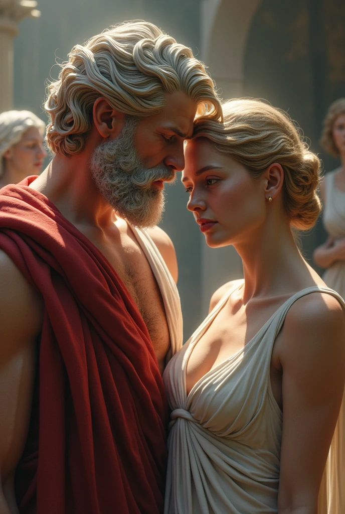 Zeus with a confused face is with Aphrodite and behind them two appears Sappho of Lesbos, The Greek poet in the mythological era