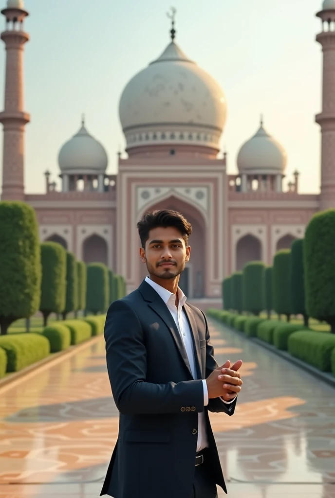 17year old Indian boy handsome wearing formals posing for Nadeem beautiful masjid in background