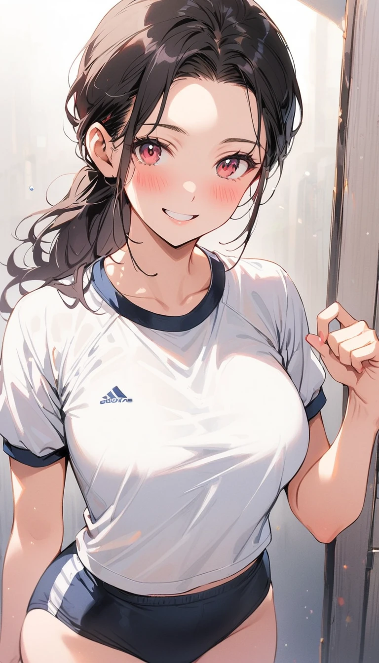 beauty　ponytail　Black Hair　smile　Embarrassing　blush　Joyful　fine　tits　White gym clothes　Black high-cut buruma　Pure white underwear showing　pubic hair　gym　Photograph the whole body