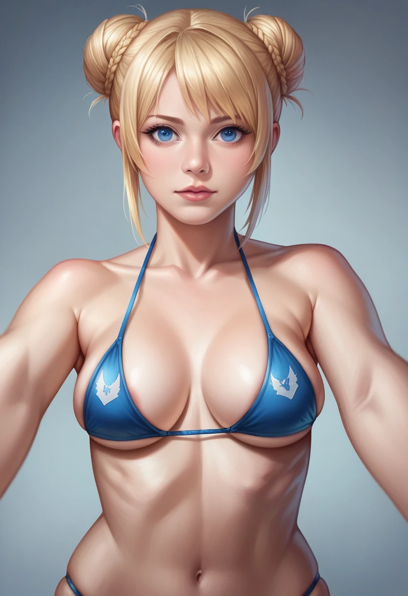 realistic masterpiece half body shot photo of a MyNataLee woman with (natural breast:1.1) wearing a bikini, blond bun hair, blue eyes, beautiful face, hottest woman alive, photorealistic, photostudio quality, 8k, highly detailed, award - winning photo 