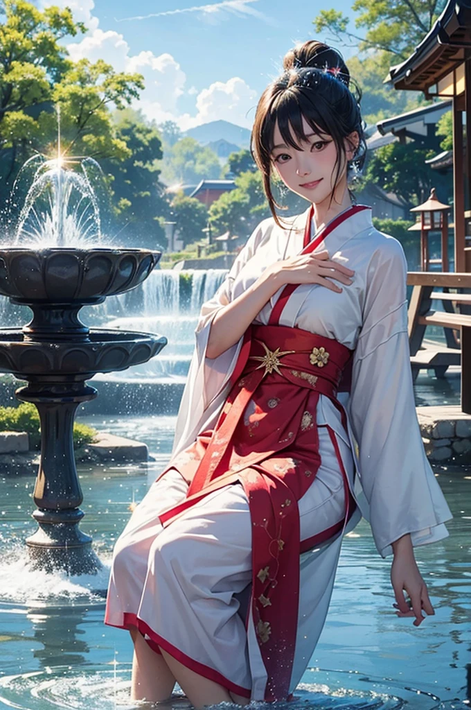 anime style, super fine illustration, highly detailed, dynamic angle, beautiful detailed, 8k, Japanese clothing young girl, about , playing in a fountain with their clothes on, on a summer afternoon; the Japanese clothing young girl, about , are smiling and the water splashes are sparkling (sparkle: 1.5). BREAK The bright sunlight reflects off the fountain, creating a lively atmosphere.