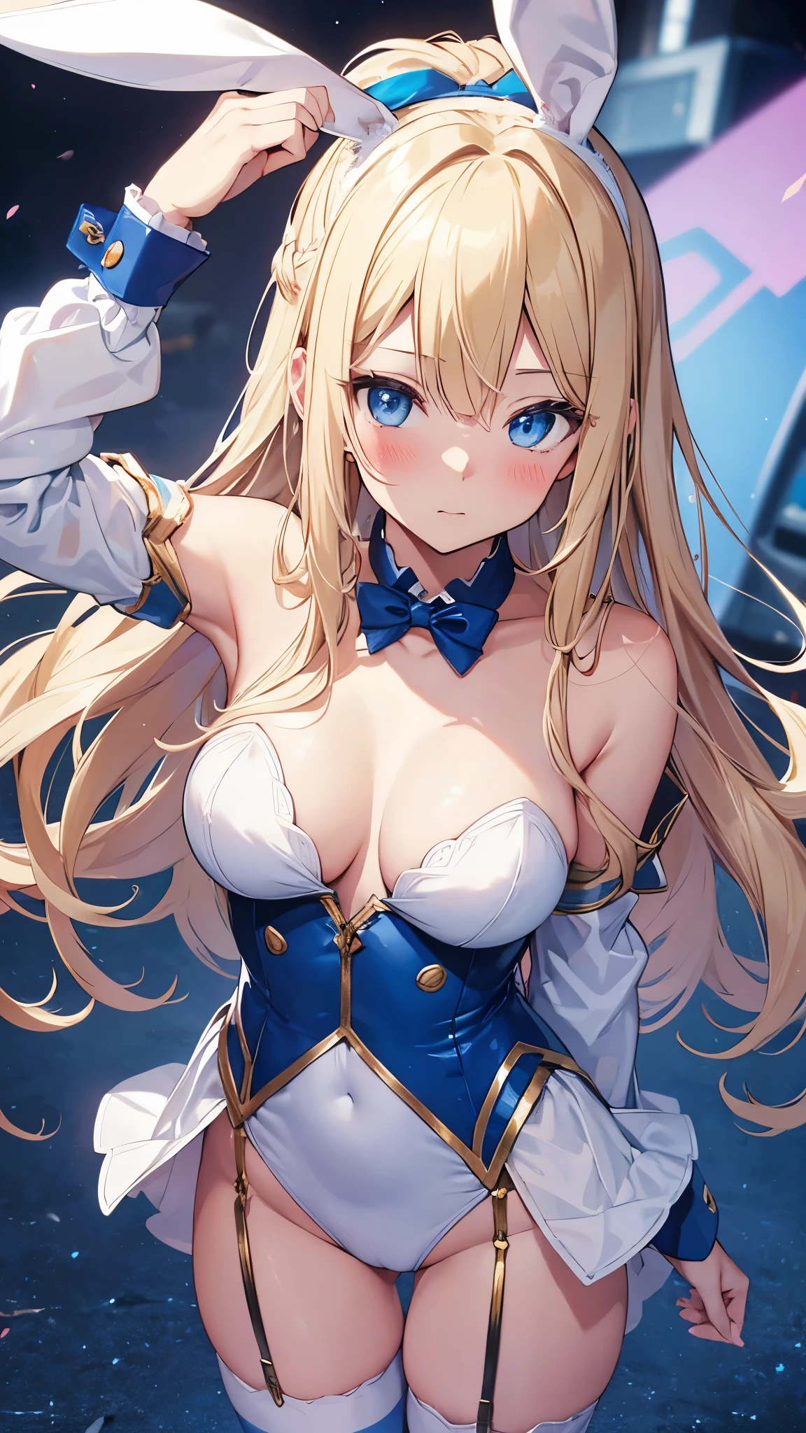 One person, High resolution, Blushing, Blonde, Very long hair, Highest quality, Very detailed, Bunny ears, blue eyes, awkward, Bunny Suit、