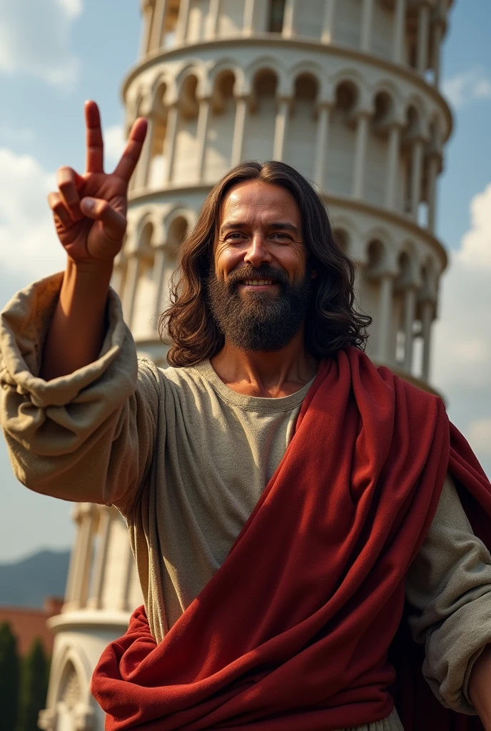 Photorealistic image of Leonardo da Vinci looking at me smiling and making the V for victory with the Tower of Pisa behind him