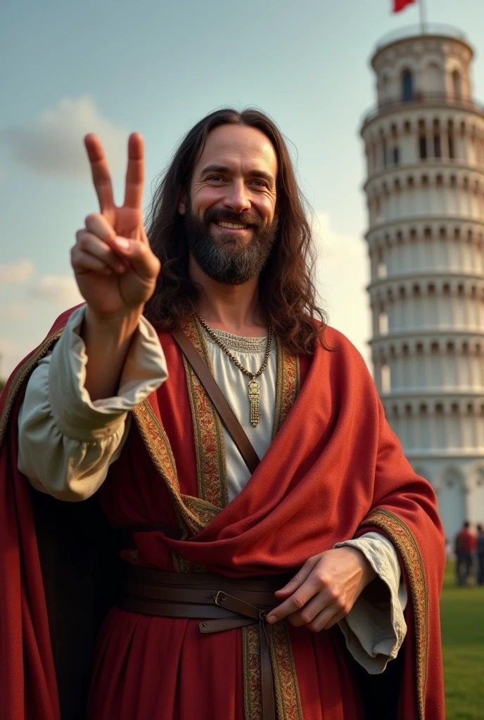 Photorealistic image of Leonardo da Vinci looking at me smiling and making the V for victory with the Tower of Pisa behind him