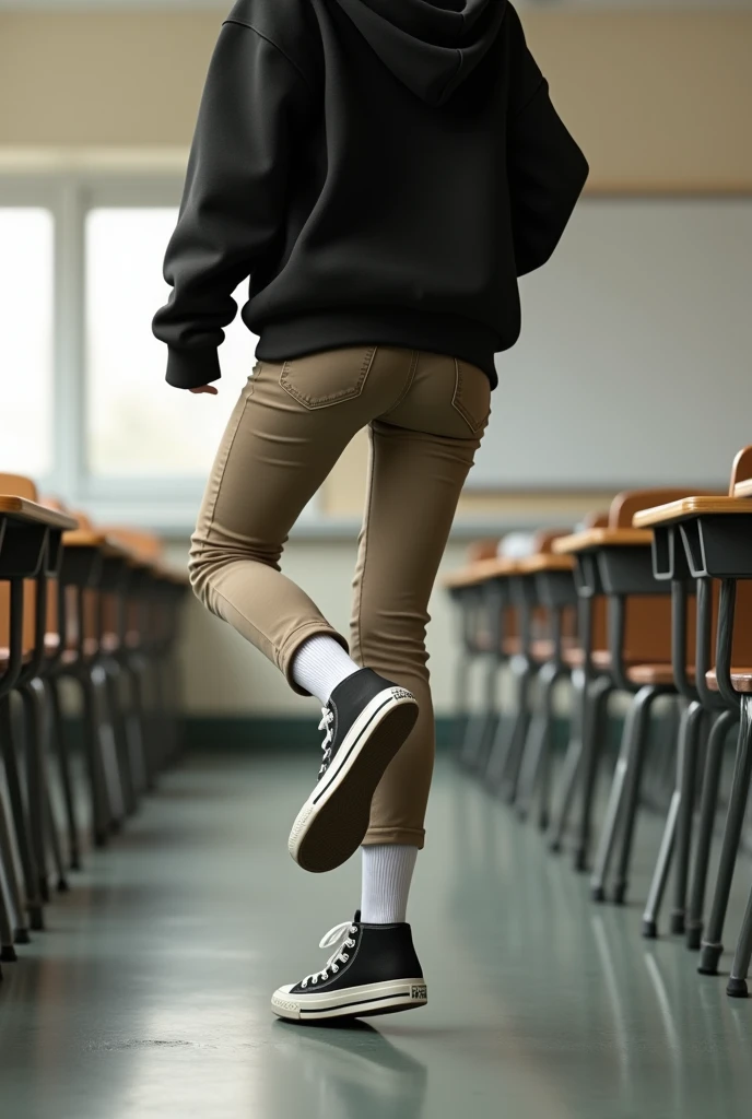 Real life high school white girl, classroom background, black hoodie, tight khaki pants, legs focus, legs, high top converse shoes, butt, backside, one leg kicking up in the air, white socks. 