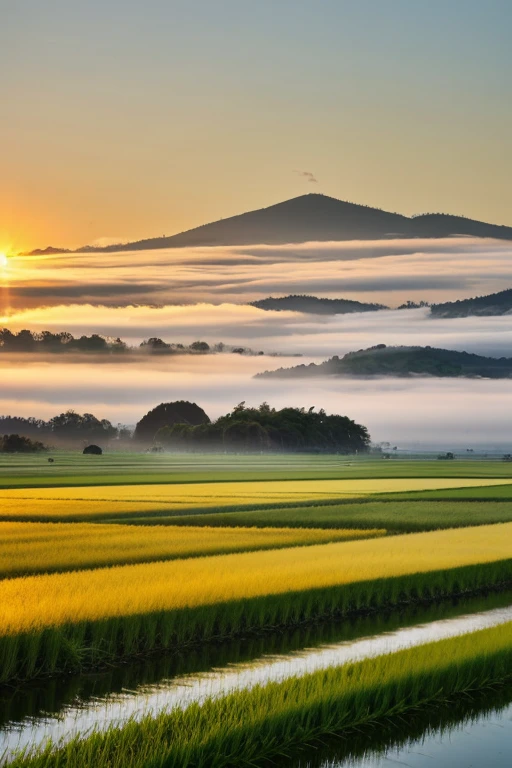 Picture of a green rice field with beautiful rice plants, a clear sky with clouds and the morning sun with fog and water. Picture of a green rice field with beautiful rice plants, a clear sky with clouds and the morning sun with fog and water drops on the leaves of the rice plants. There is a small house on the roof. Request for a 3×4 size picture.