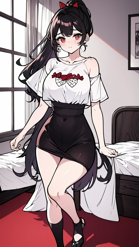 using pantimedies, wavy black hair, piercing look with deep red eyes, average stature, Waist length hair, Silky hair with a ponytail hairstyle collected with a red bow with two white lines, has a vagina, has breasts, cup of breasts, small breasts, slim, foreground, Session, sitting in her room, standing in his room, wearing pantyhose, using pantimedies, Picardias, neckline, looking at the viewer, lascivious smile, ((oversized t-shirt)), off the shoulders, without pants, washing machines, thighs, ((White T-shirt)), standing, hands on the hips,, shoes, blush, from below, thighs gorditos, thighs grandes, big ass