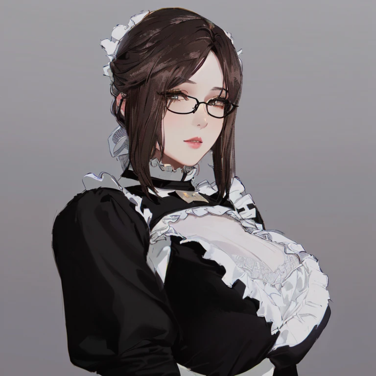 Wearing glasses、A woman in a black dress is posing for a photo。, maid outfit, maid, Dressed like a priest, April Rendering, Wearing frilly clothes ((shabby)), wearing victorian dark goggles, Octane Rendering, french maid, Highly detailed characters, gorgeous maid, , Wear dark Victorian goggles, Inspired by Shim Sa-jeong