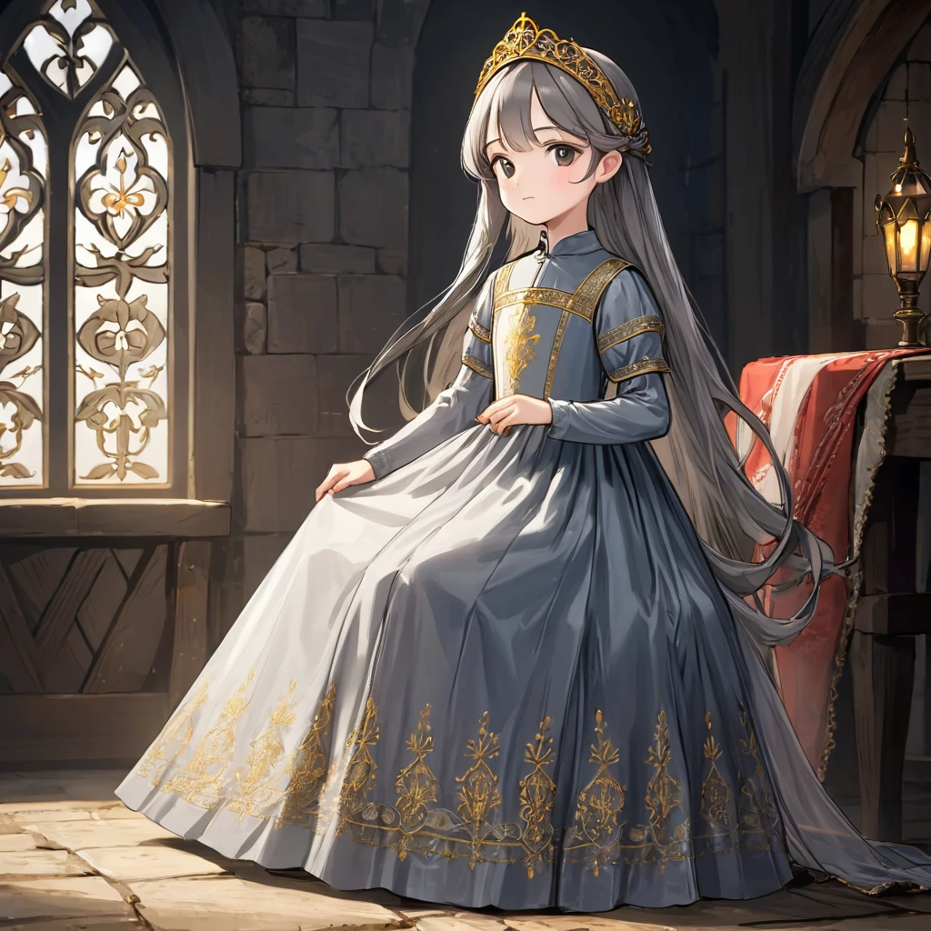 8 year old medieval girl, Medieval golden embroidery、Translucent long one-piece dress, gray, translucent tights, fabric, realistic, highest quality