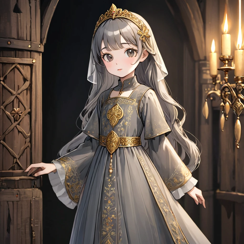 8 year old medieval girl, Medieval golden embroidery、Translucent long one-piece dress, gray, translucent tights, fabric, realistic, highest quality