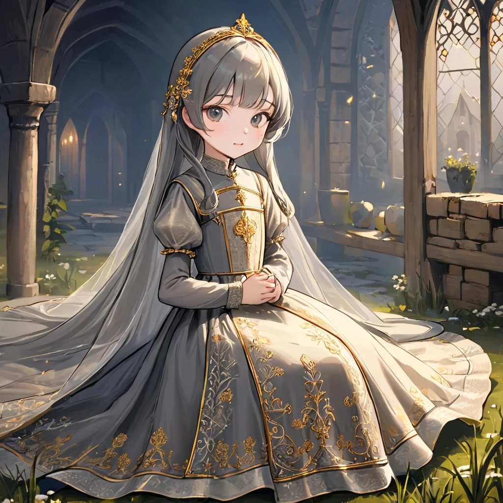 8 year old medieval girl, Medieval golden embroidery、Translucent long one-piece dress, gray, translucent tights, fabric, realistic, highest quality