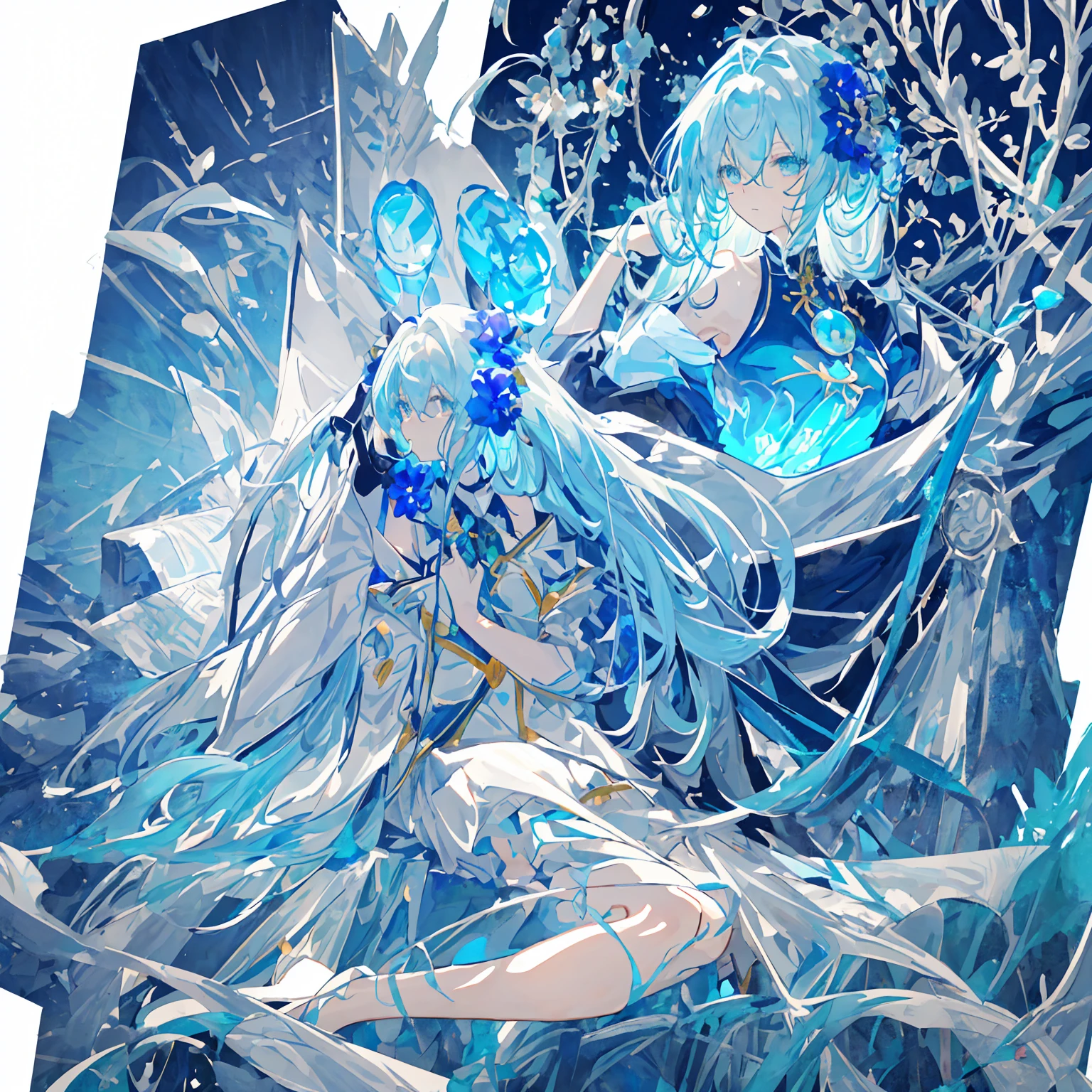 [(White background:1.4)::5], [(Transparent Background:1.3)::5],
\\
masterpiece,The best quality at its best,Highly detailed CG synthesis 8k wallpaper,白hair,length_hair,Hair glass flower,Cyan eyes,Small breasts,Ink and watercolor,Blue Theme,Big cleavage_coat,glass ground,One huge breasted girl,Flat Shading,Upper body,Exposed bare shoulders,Hidden Hand,Cute eyes,Full Body Lesbian,Sit,