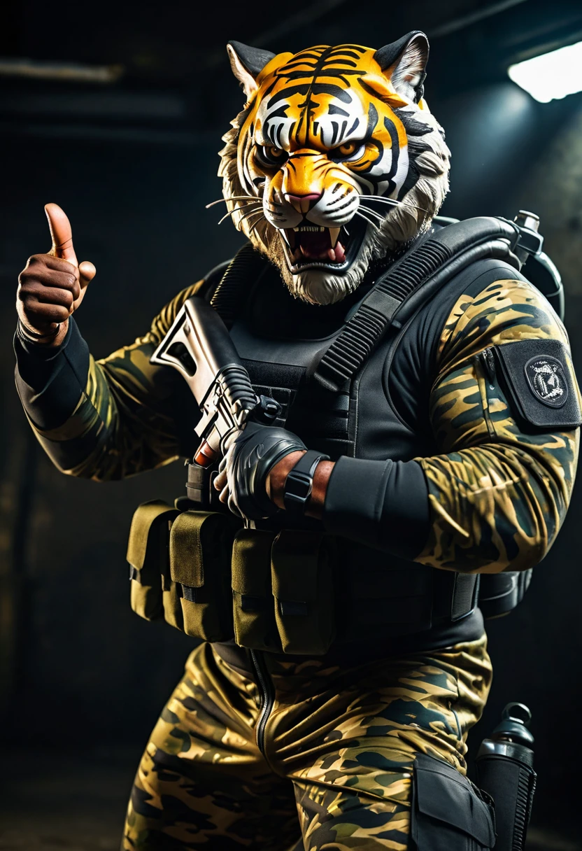 (a dark-skinned bearded fat muscular old man in a skintight army camouflage zipper diver suit) carrying an AK-47, (wearing a small-sized realistic roaring tiger mask), dynamic action pose, fierce expression, showcasing an imposing stature, surrounded by military elements, dramatic shadows and intense highlights, cinematic color tones, high detail, powerful, art influenced by Bruce Onobrakpeya and Stanley Artgerm, ultra-detailed, best quality image, action-packed atmosphere. thumbs up pose