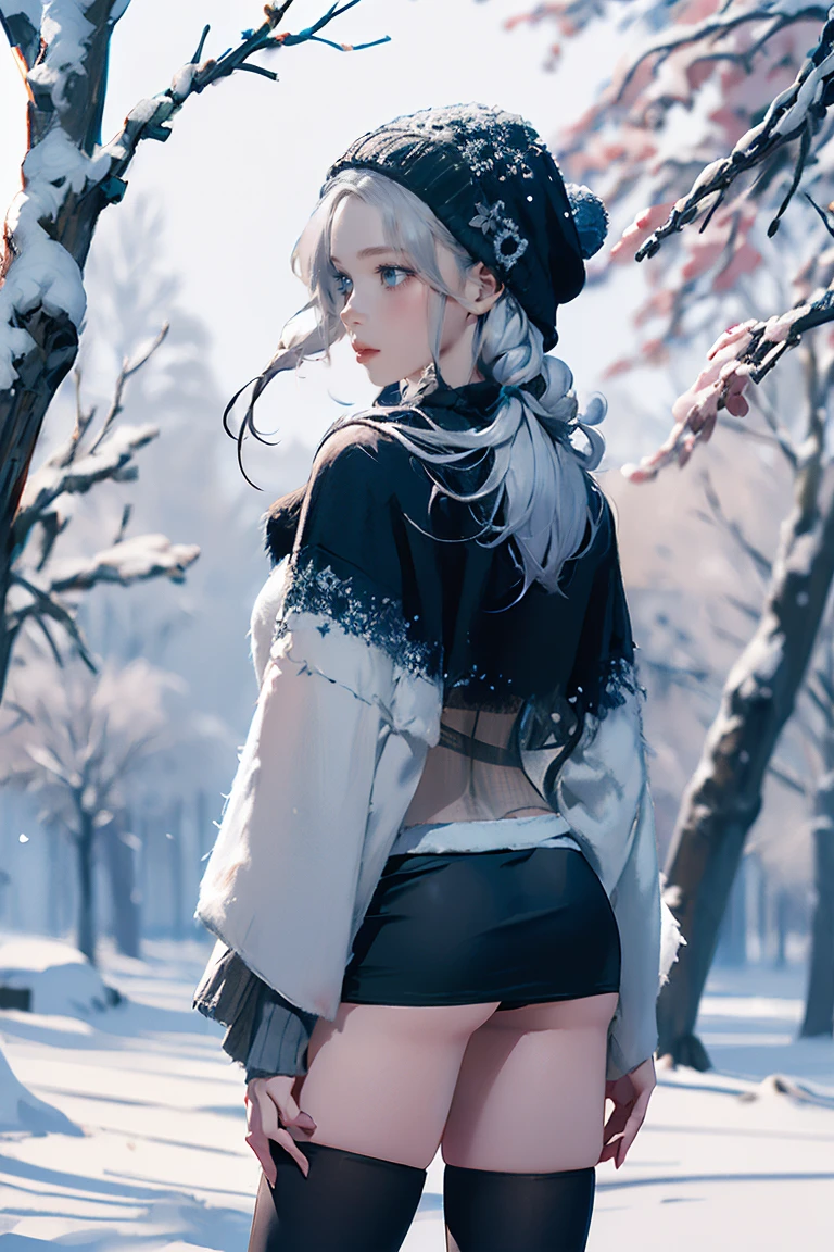 Silver Hair, (Rear View, Rear View),(Highest quality,High resolution,Very detailed,Actual),Target,A world covered in silver, Snow covered branches, toque Chill de invierno, Snowflakes dance like elves, Turning the world into a silver fairy tale, Chill, Quiet and beautiful snow scenery., Cozy and quiet, (Ocean Art 2.1), (Background Frozen white trees Snow falling:1.4) , (Beautiful Blue Eyes、Big stone black eye:1.4) ,  (Realistic) ,8K high quality, detailed art, Fan Art Best Art Station, Fantasy art style, ((A short, sheer black miniskirt:1.4))  ,(String), Stockings Bra, Leggings White,Sexy Body