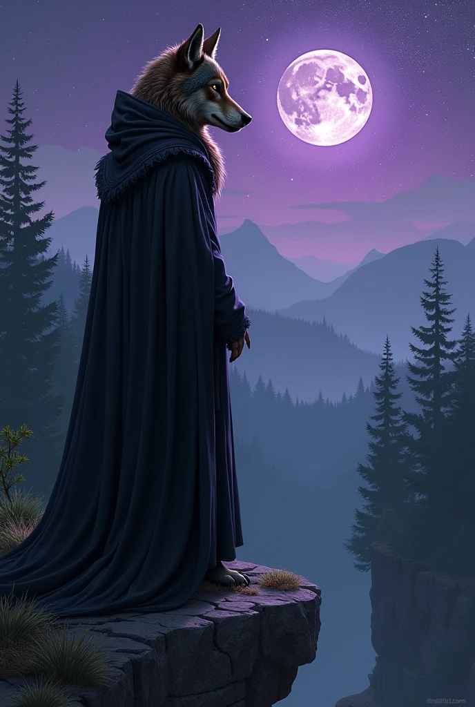 Dark brown furred wolf woman, wearing a black witch&#39;s robe with a hood.  She is on the edge of a cliff looking at the landscape in front of her of a beautiful forest and a beautiful starry purple sky.. 
