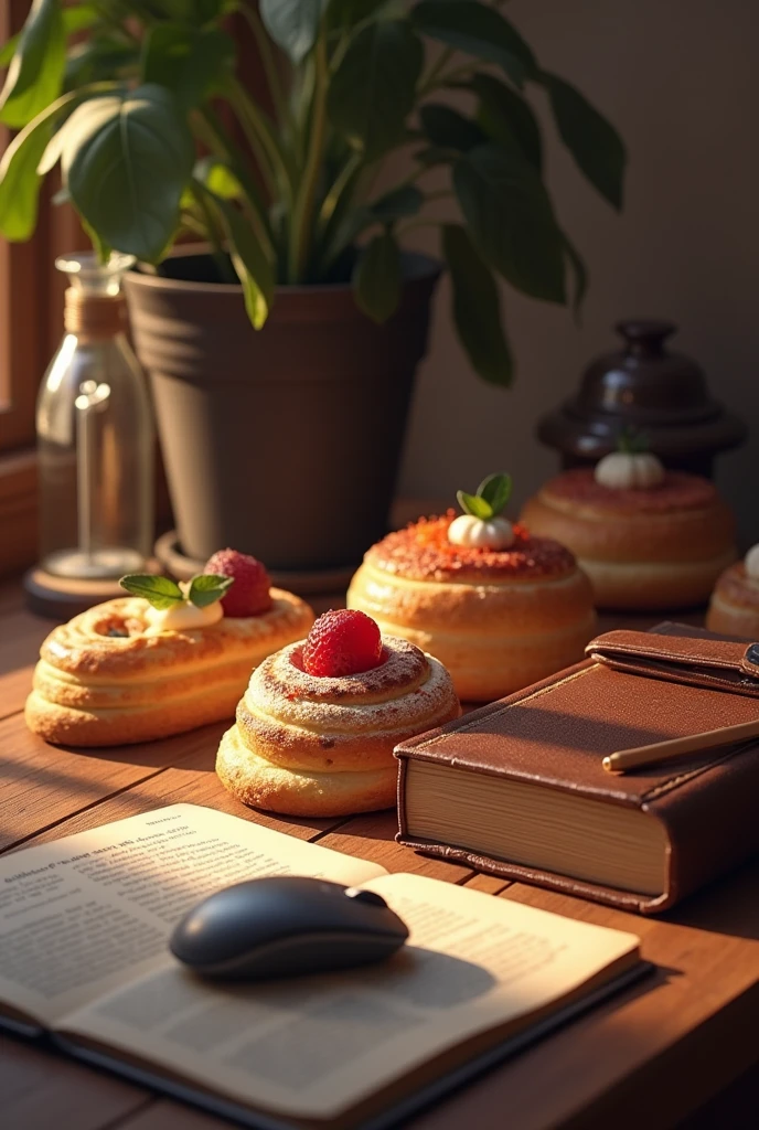 A book, a PC mouse and pastries