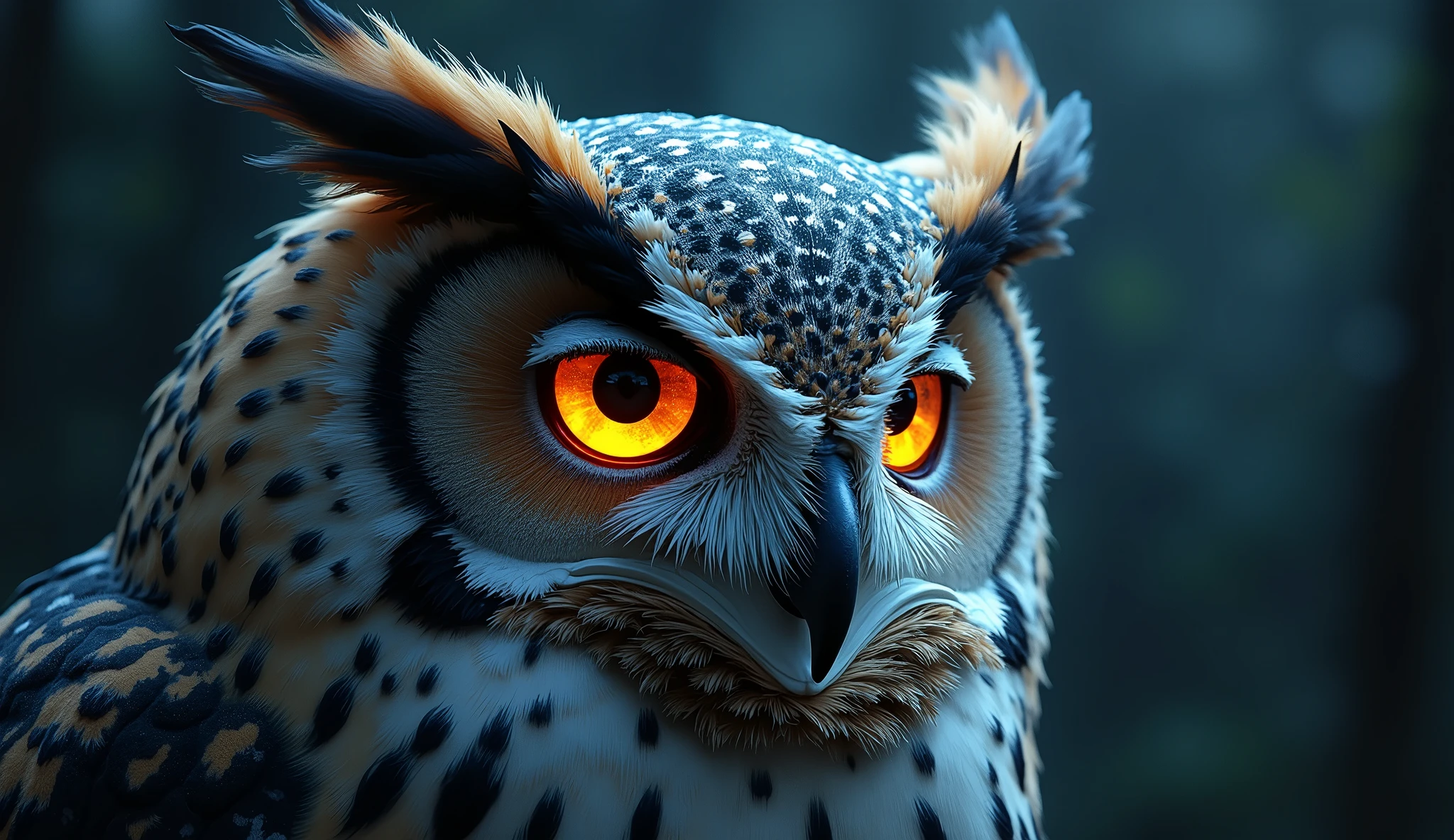 oil painting, owl with eyes emitting light