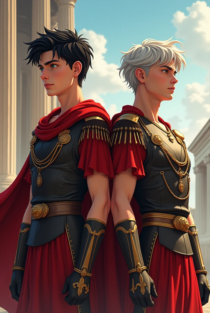 The 4K ultra-detailed illustration vividly portrays young military leaders, Tiberius Claudius Nero and Gaius Octavius Drusus. Nero, with his raven-black hair and eyes that pierce like a hawk, radiates an authority that transcends his youthful age. His modern, streamlined uniform, less ornate than those of his superiors, subtly underscores his burgeoning status within the military ranks. Adjacent to him stands the robust Drusus, his silver hair and emerald-green eyes brimming with unbridled ambition. His physique, reminiscent of a seasoned soldier, is encased in a sleek uniform that perfectly mirrors his vibrant energy. The uniform, tastefully adorned with symbols that signify his rank and early achievements, is a testament to his high standing within the Terra Dominium. The backdrop is a seamless amalgamation of an academy and a training facility, reflecting the rigorous discipline and commitment to military excellence that characterizes their environment. The illustration resonates with their potential, ambition, early successes, and burgeoning leadership skills, portraying a detailed glimpse into the early stages of their illustrious military careers.
