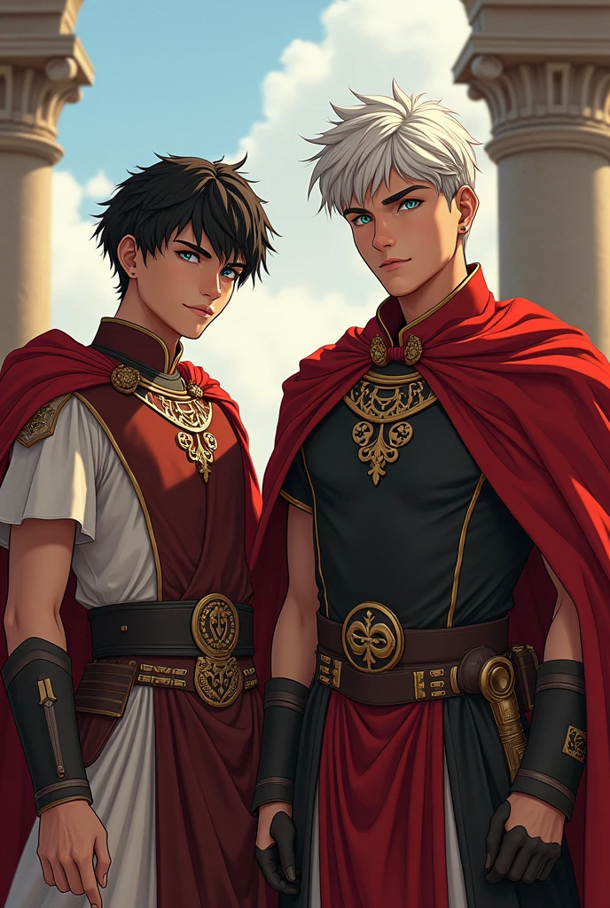 The 4K ultra-detailed illustration vividly portrays young military leaders, Tiberius Claudius Nero and Gaius Octavius Drusus. Nero, with his raven-black hair and eyes that pierce like a hawk, radiates an authority that transcends his youthful age. His modern, streamlined uniform, less ornate than those of his superiors, subtly underscores his burgeoning status within the military ranks. Adjacent to him stands the robust Drusus, his silver hair and emerald-green eyes brimming with unbridled ambition. His physique, reminiscent of a seasoned soldier, is encased in a sleek uniform that perfectly mirrors his vibrant energy. The uniform, tastefully adorned with symbols that signify his rank and early achievements, is a testament to his high standing within the Terra Dominium. The backdrop is a seamless amalgamation of an academy and a training facility, reflecting the rigorous discipline and commitment to military excellence that characterizes their environment. The illustration resonates with their potential, ambition, early successes, and burgeoning leadership skills, portraying a detailed glimpse into the early stages of their illustrious military careers.