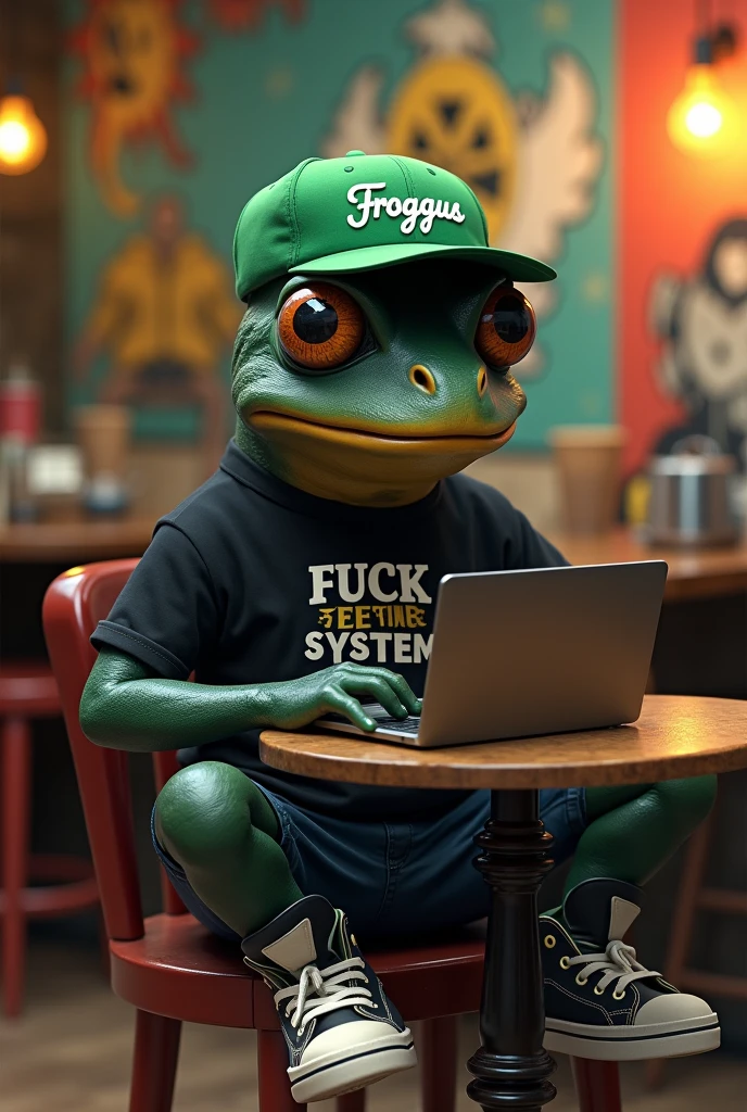 Create a scene of a humanoid black frog, with a cap "Froggus", t - shirt "Fuck The System" and stylish sneakers, sitting in a cafe, typing on a laptop with a political mural background.