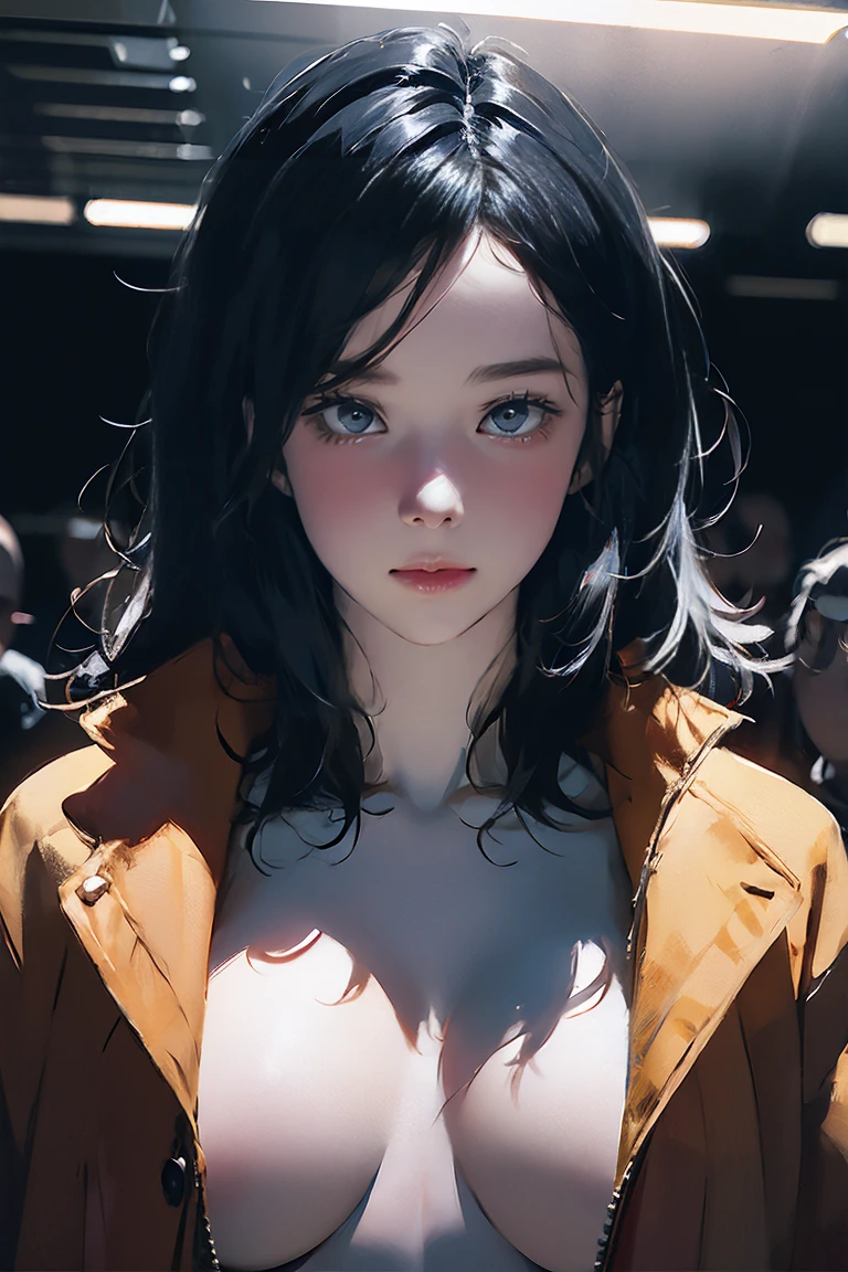 Beautiful girl with realistic black eyes, Pale skin, Medium size black hair, Perfect Face, Perfect Eyes, Wearing a coat, Very detailed, General Movie, Digital Painting, 8k, Cinema Lighting, Highest quality, High resolution, well done!, Post-processing, Perfect results, Surreal,(((Revealing clothing))),Big Breasts, NSFW