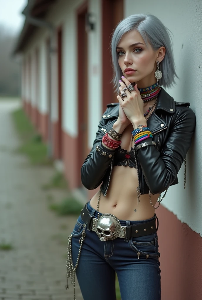 russian milf woman, grey hair (middle part) and wide colourful bandana as headband, with very light blue eyes, extremely pale. Wearing studded cropped black moto jacket with lots of zippers and pins, black and red lace push up bra , dark skinny blue jeans and pointy silver Chelsea boots with cuban heels . Lots of colourful bracelets, colourful collars and colourful rings. Tacky wide studded leather belt with oversized skull and bones buckle. Long bohemian earrings with feathers. Standing up, humble facial expression. Hands on her neck, showing off bracelets and rings. Chains around belt.. Listening in amazement to somebody speaking to her, toned six pack abdominals, thin neck, slim legs and thin arms. Tattoed heavily.  