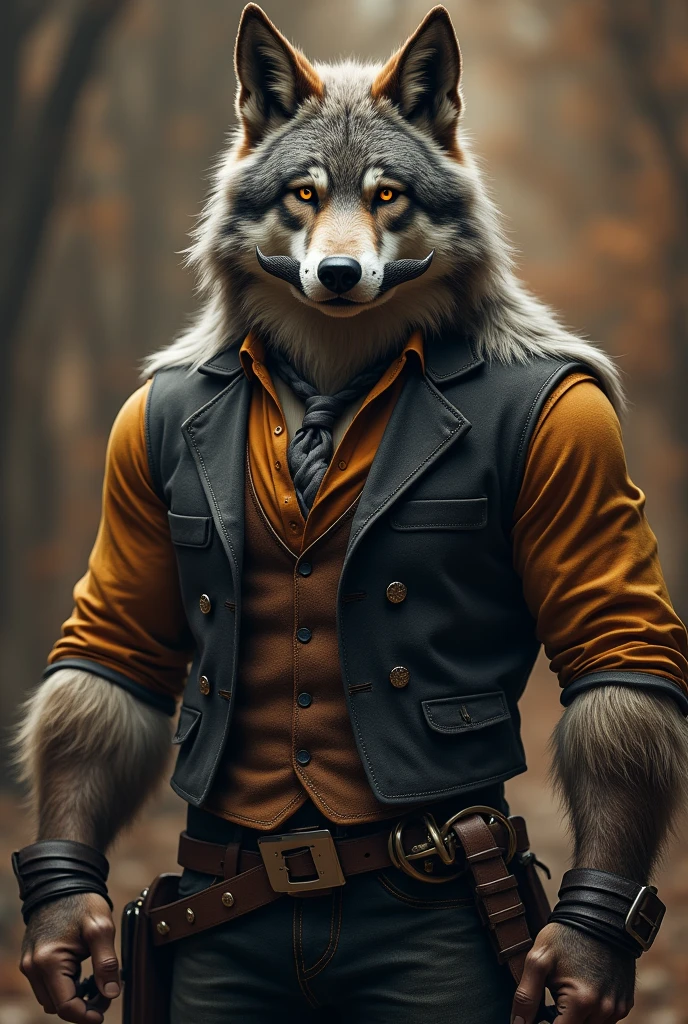 Furry wolf, black split mustache on face,
western vest suit, anthropomorphic wolf