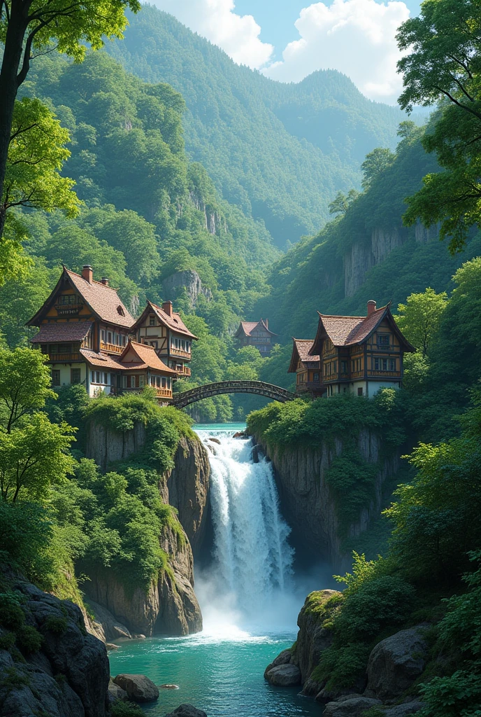 I want one village with full of trees and house and with one water fall in 4k