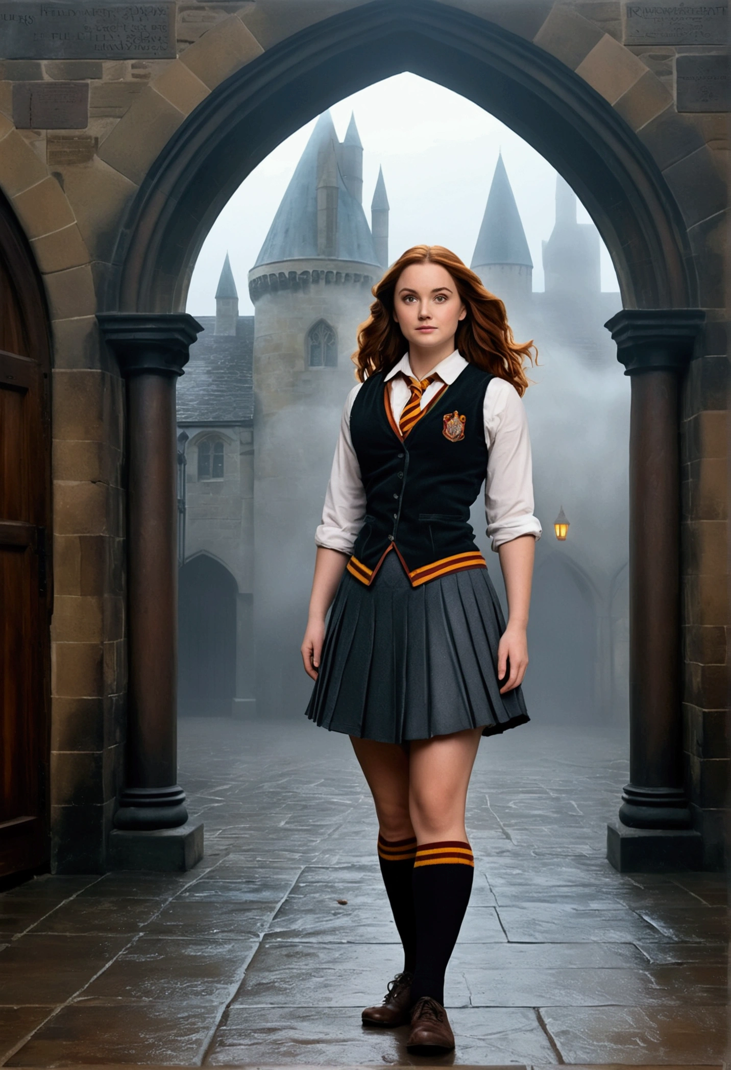 An illustrated movie poster, hand-drawn, full color, a female Hogwarts student, 1, wearing a charcoal vest and a pleated skirt, athletic hourglass figure, full wide hips, massive round butt, long shapely legs, ridiculously thick powerful thighs, light hazel eyes, deep dark auburn hair, long messy waves, flushed sun-kissed complexion, freckles, resembles Genevieve O'Reilly, standing in a foggy Hogwarts courtyard, surrounded by mist, graphite shading, stencil marks, airbrushed acrylic paint, masterpiece, in the Deathly Hallows